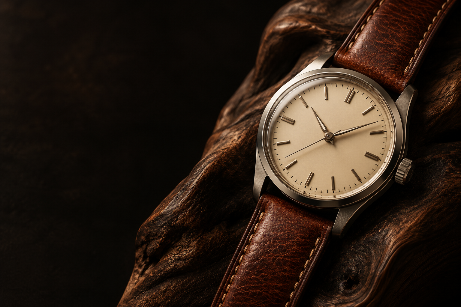 Editorial watch with a cognac leather strap on dark wood
